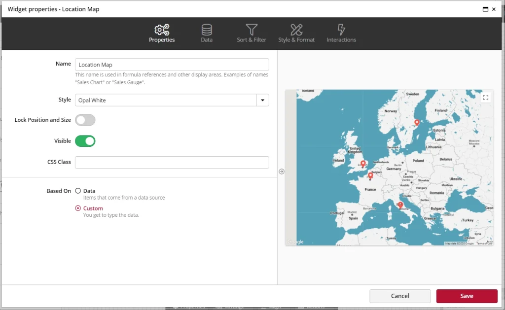 Widget properties for Europe location map settings
