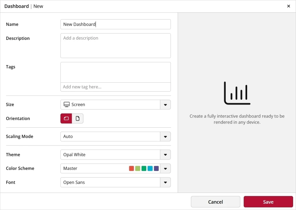 Dashboard creation interface with options and settings.