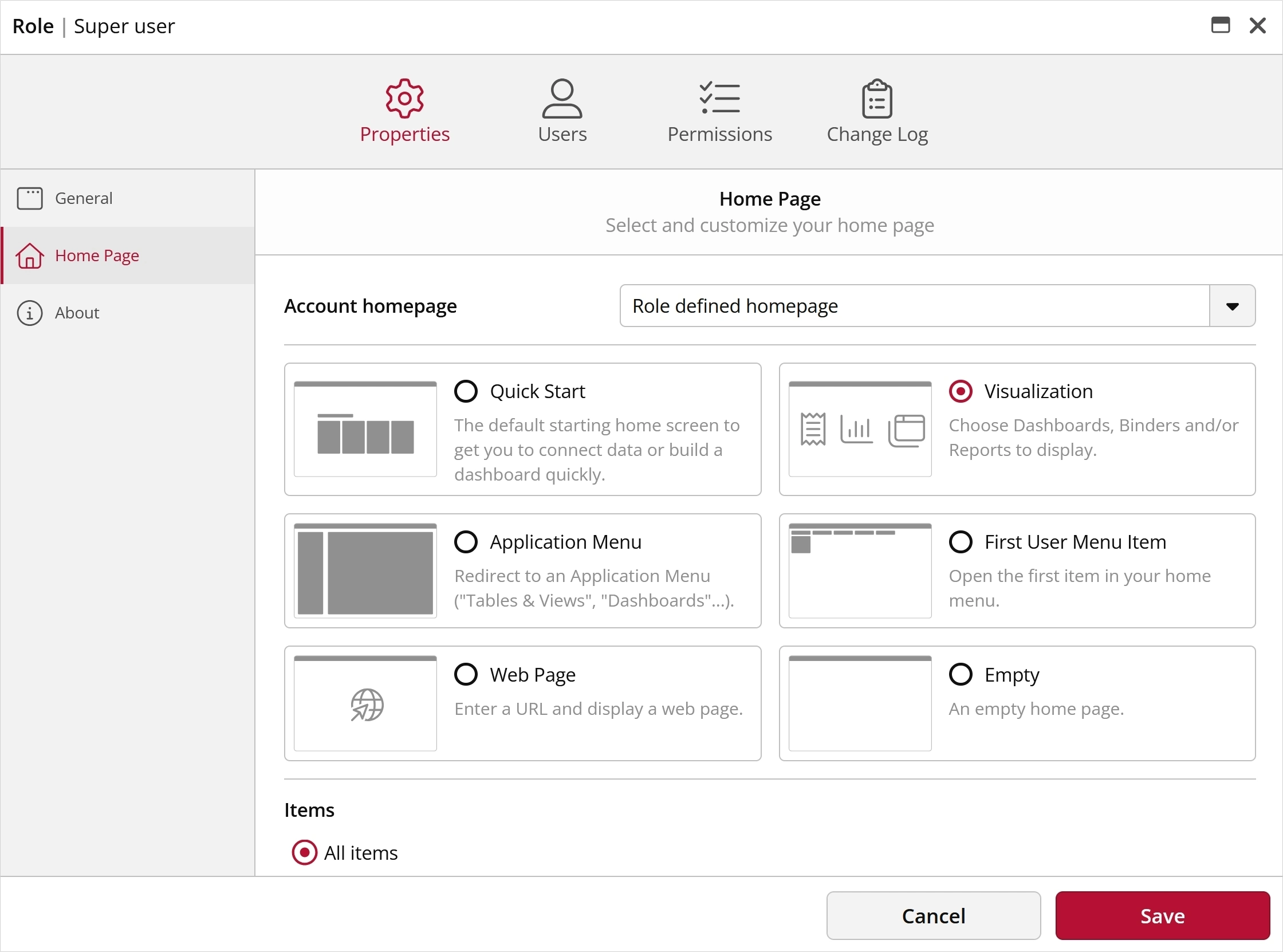 User roles homepage selection interface.