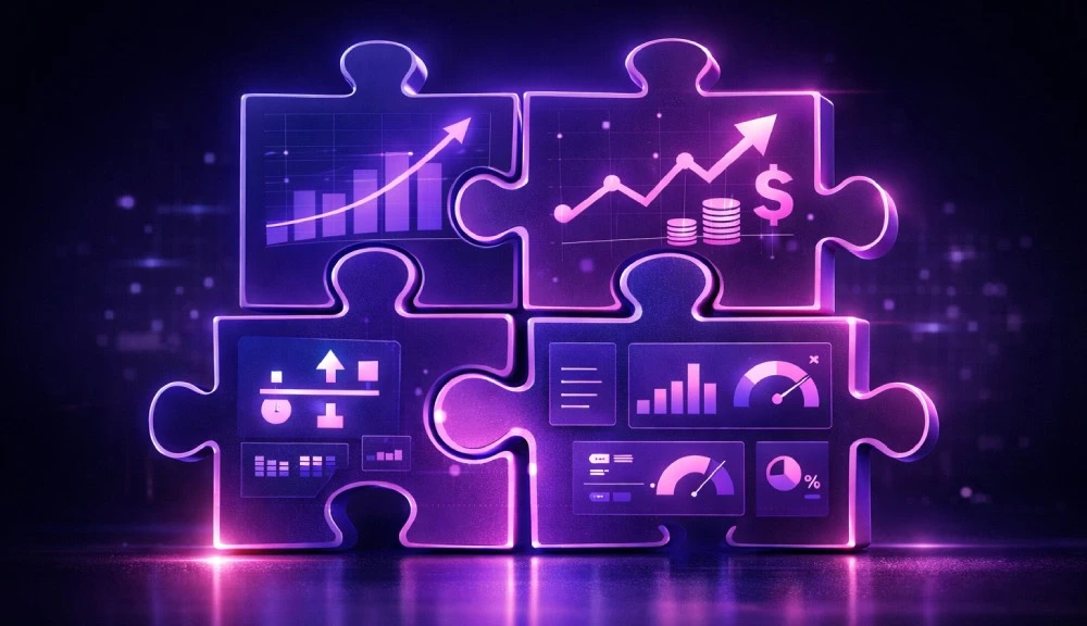 Puzzle pieces with financial growth charts and graphs.