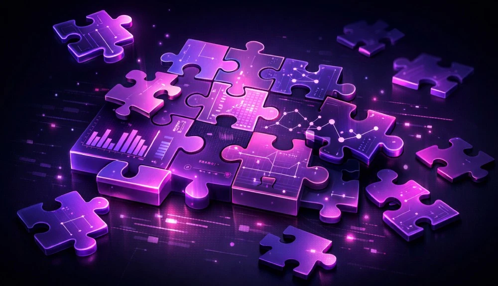Purple digital puzzle with data graphics.