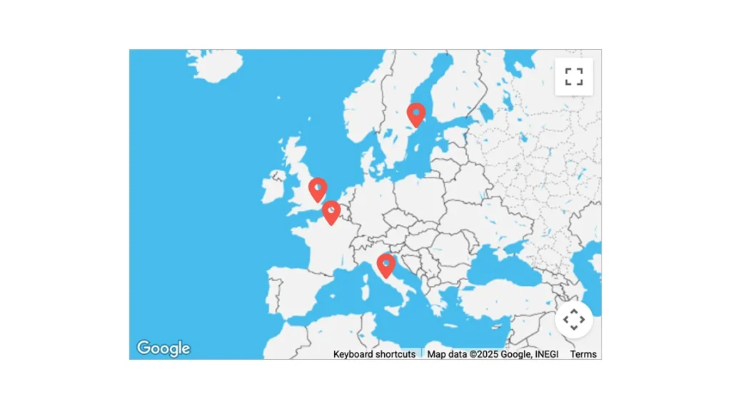 Map of Europe with location markers