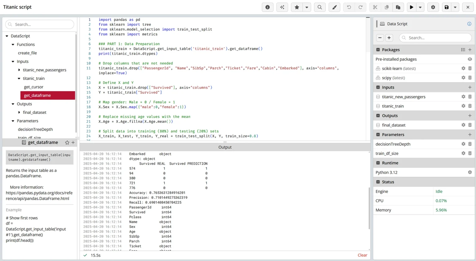 Python script analyzing Titanic dataset in data platform.