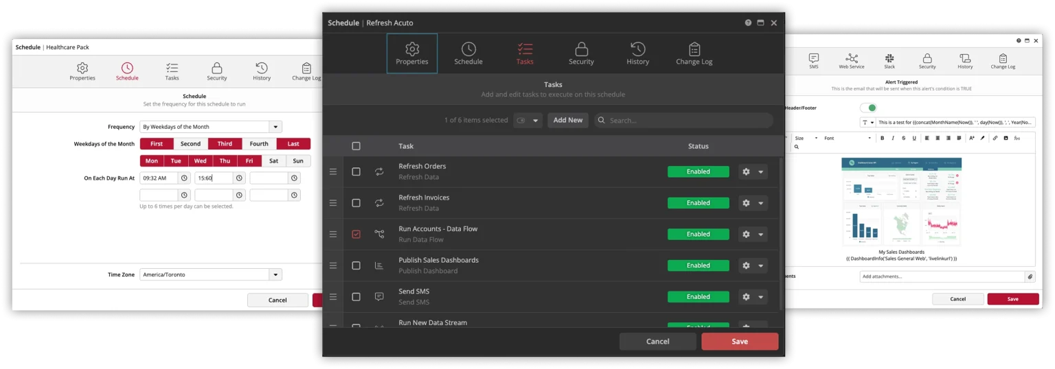 Software schedule and task management interface screenshots.