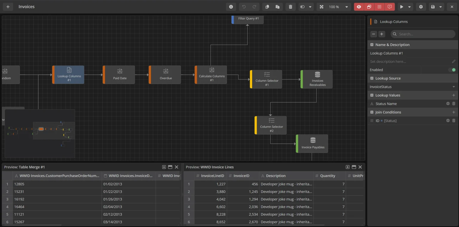 Data workflow and invoice processing in software interface.
