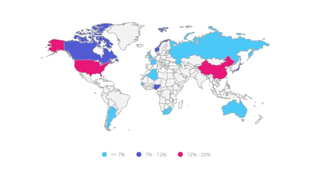 World map showing social media usage percentages.