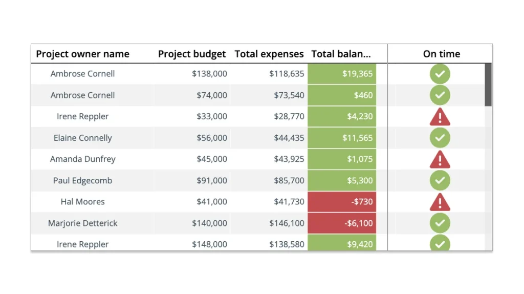 Project budgets, expenses, and balance summary table.