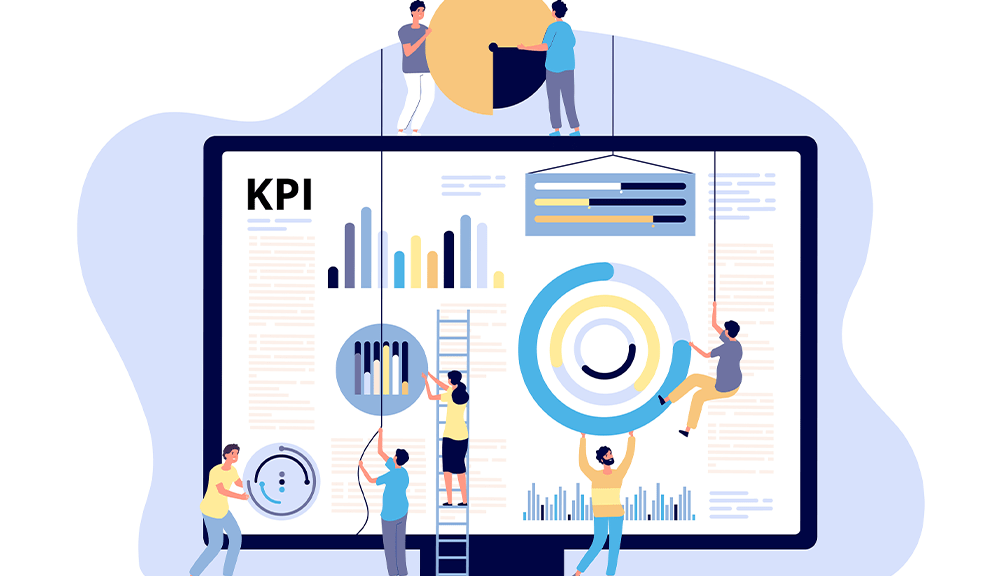 Illustration of people analyzing data on screen.