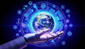 Robot hand holding Earth, surrounded by technology icons.