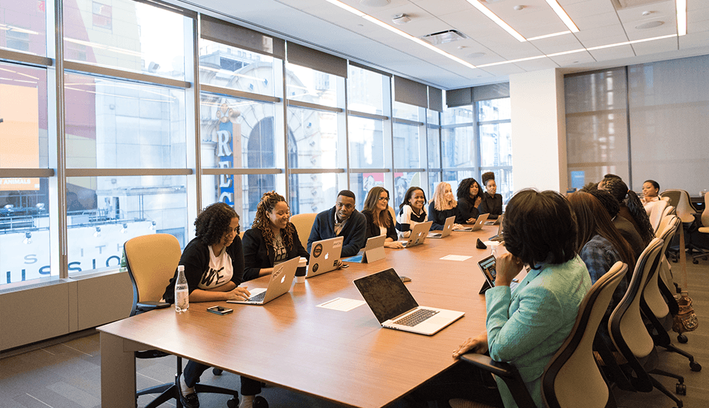 Diverse team in a conference room meeting.