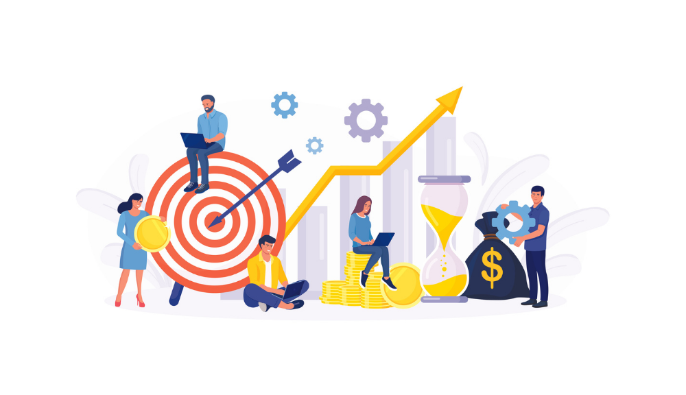 Business growth concept with people and charts.