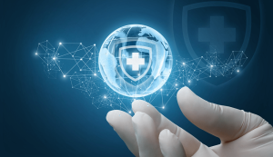 Gloved hand holding digital health symbol.