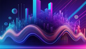 Futuristic cityscape with neon lights and waves.