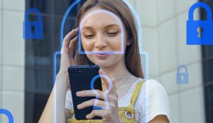 Woman using smartphone with digital security icons.