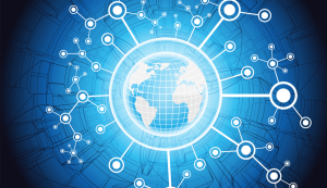 Connected globe with network lines.