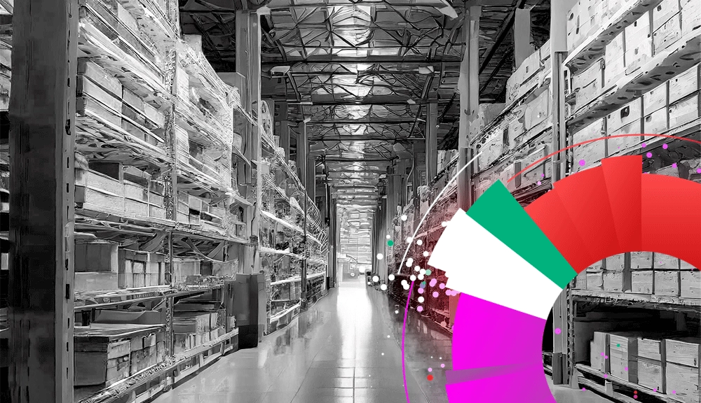 Warehouse aisle with colorful data chart overlay