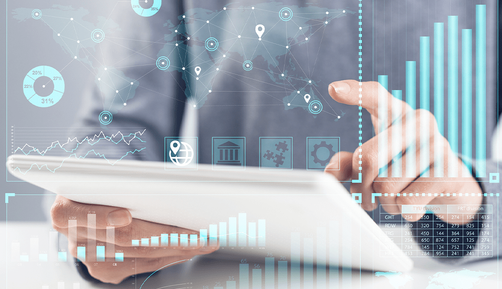 Person analyzing data on tablet with graphs.