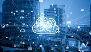 Cloud computing concept over cityscape architecture.
