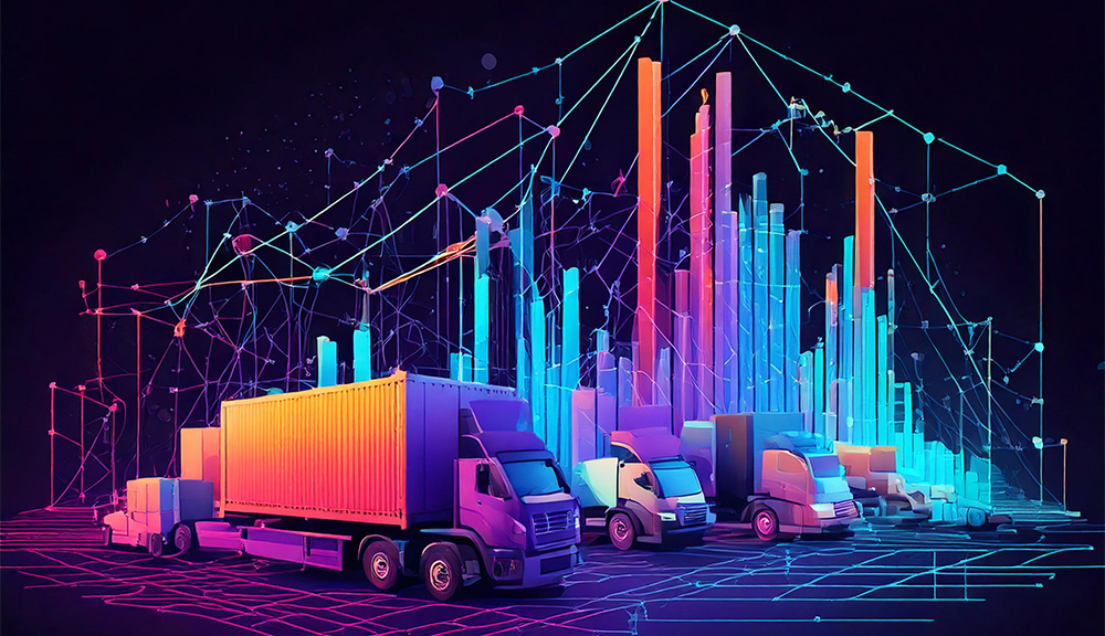 Digital trucks with data graphs in background