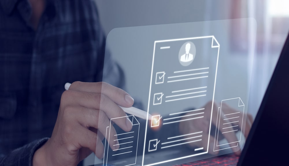 Digital checklist on transparent screen in modern office.