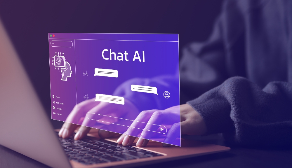 Hands typing on laptop with Chat AI interface