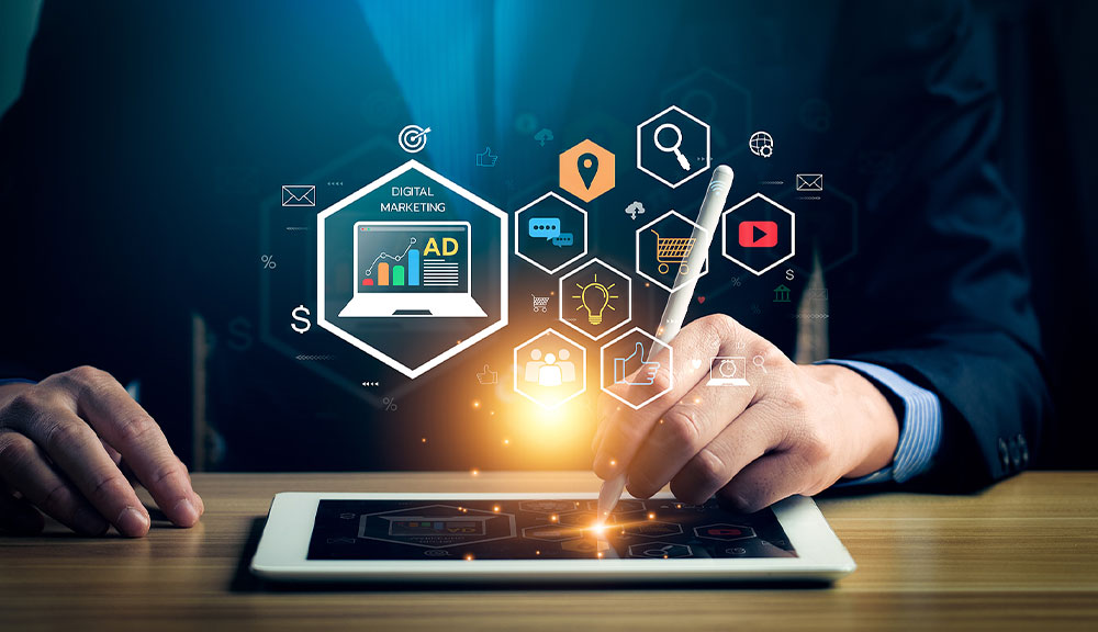 Person using digital marketing tools on tablet