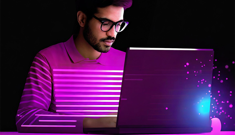 Person coding on laptop with purple glow