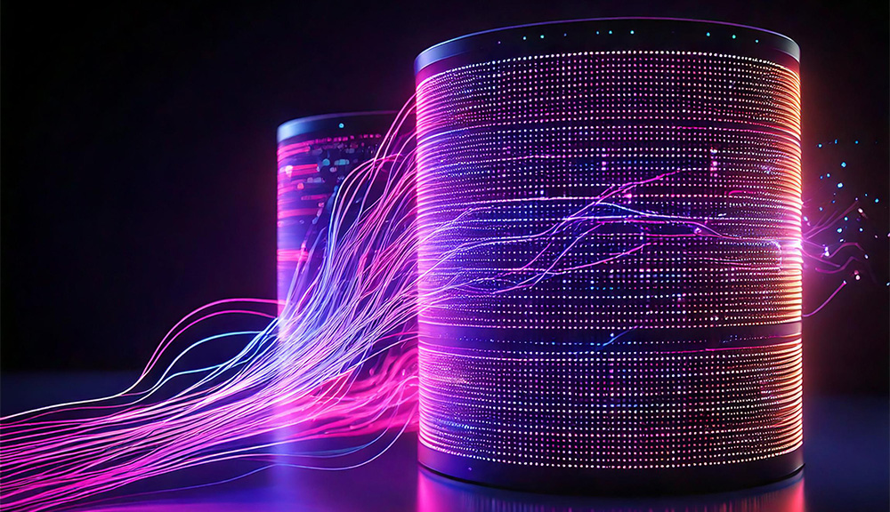 Colorful data streams with glowing digital cylinders