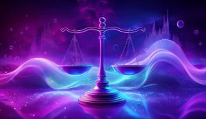 Surreal scales of justice against abstract background