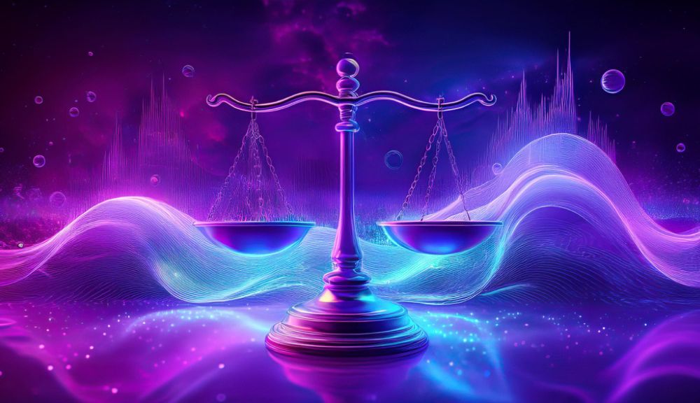 Surreal scales of justice against abstract background