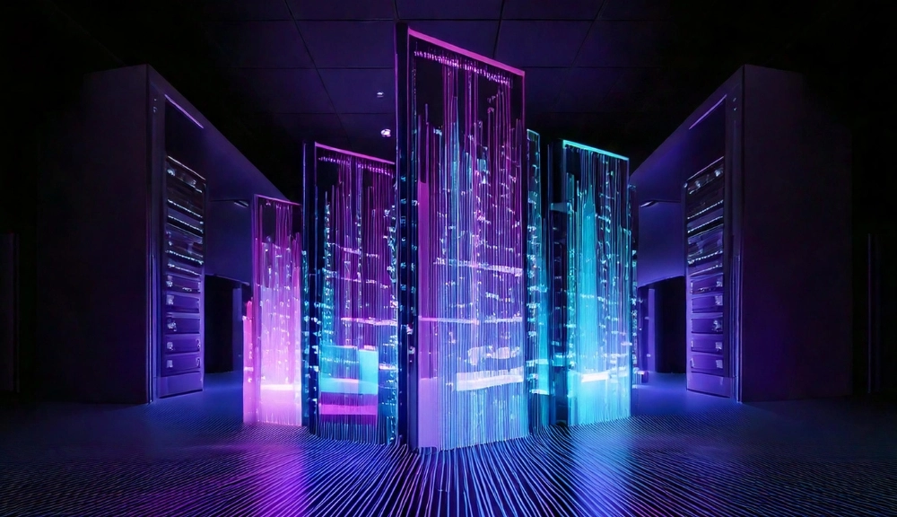 Futuristic glowing data center with neon lights