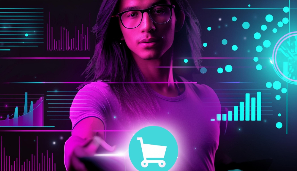 Person with digital analytics and shopping cart icon.