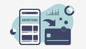 Mobile advertising, charts, and credit card illustration.