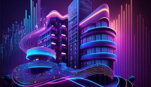 Futuristic neon-lit building with colorful digital effects.