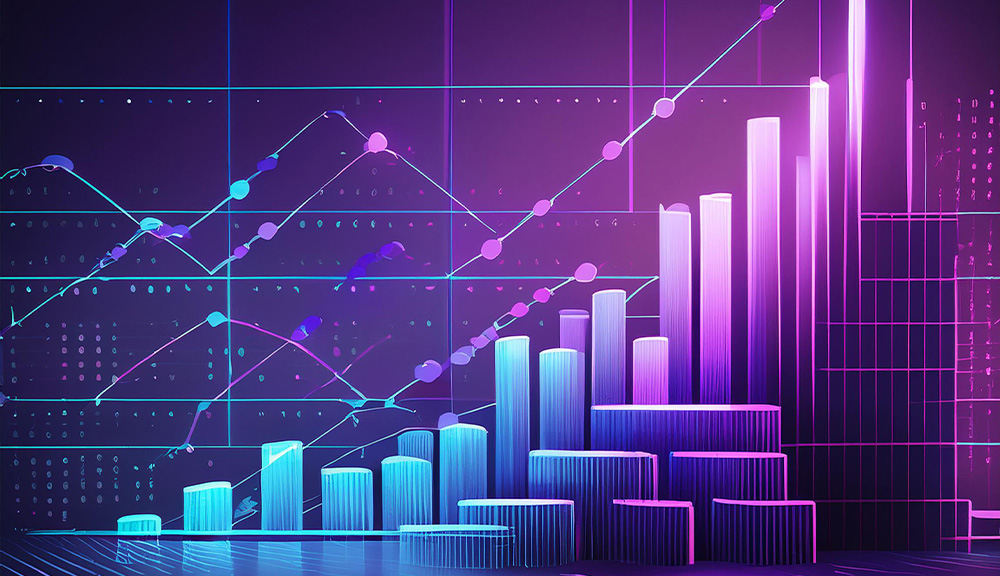 Colorful bar and line graph on digital screen