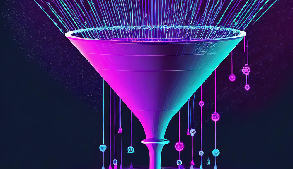 Neon digital funnel with data streams and symbols.