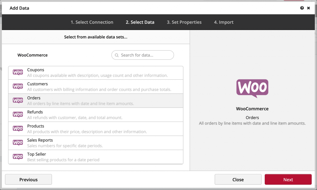 Choose Dataset Woocommerce Clicdata