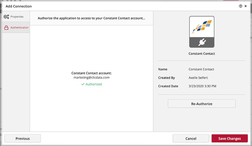 Connection Constant Contact Clicdata3