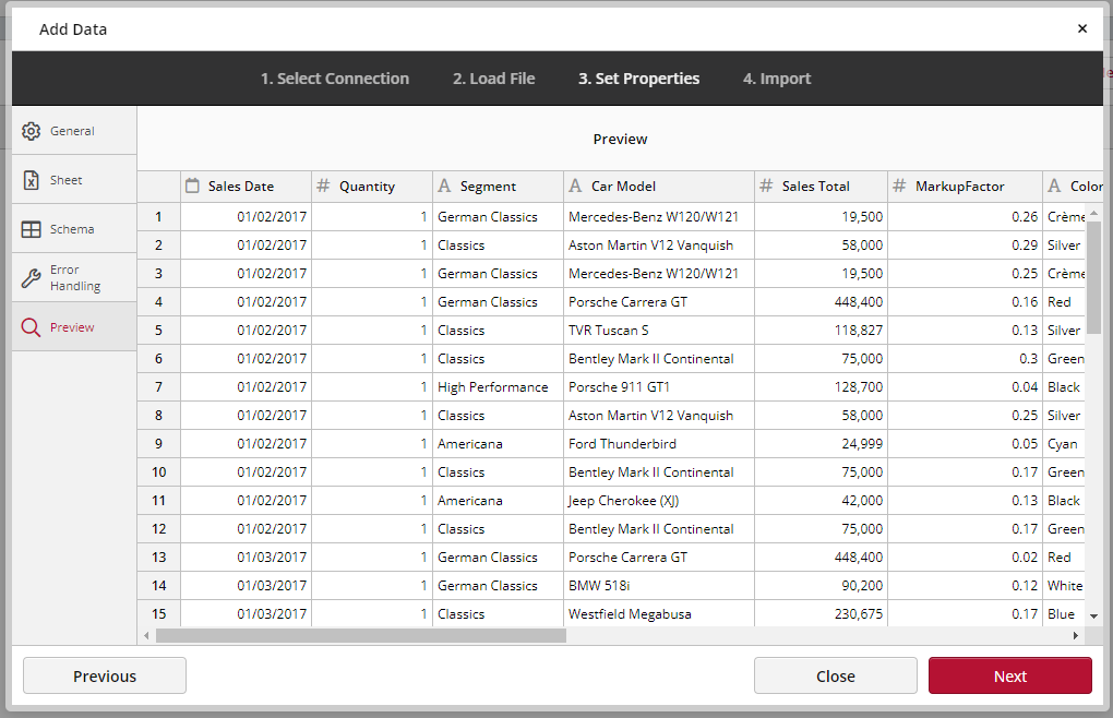 datasets columns