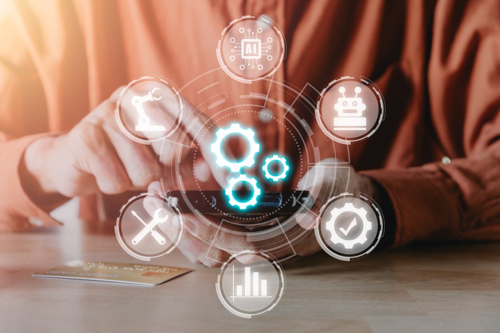 automation business technology concept, person hand using smart