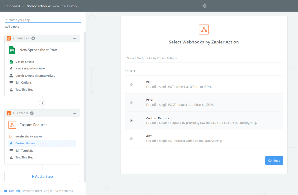 Select Custom Request Zapier