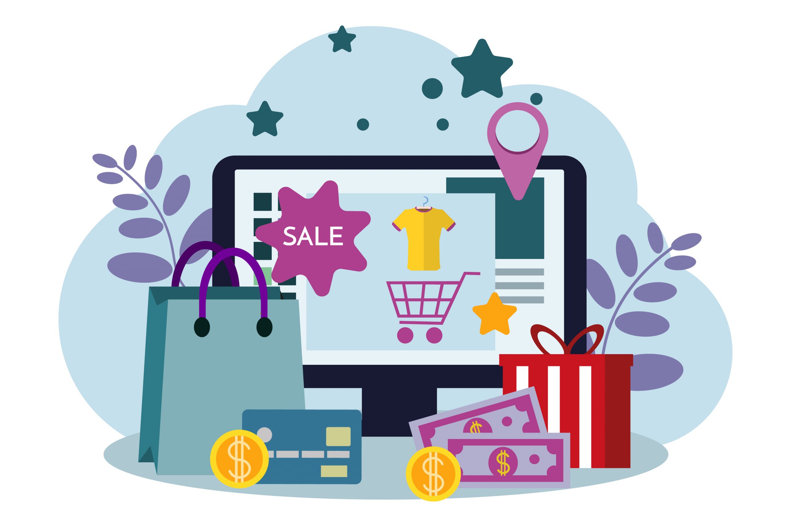 online store, eshop, internet selling, online marketing. flat de