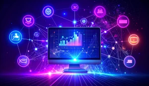 Digital data network with computer and icons