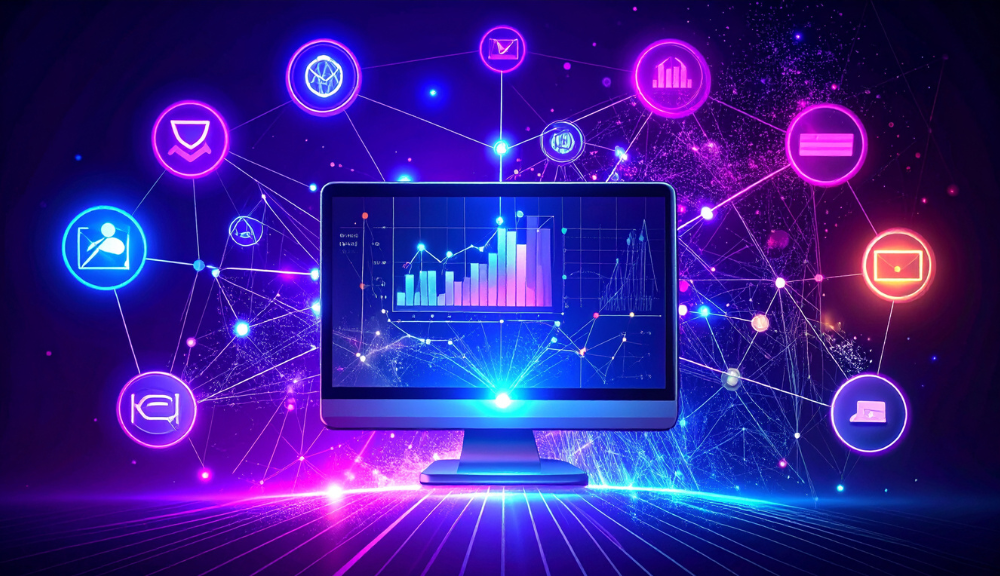 Digital data network with computer and icons