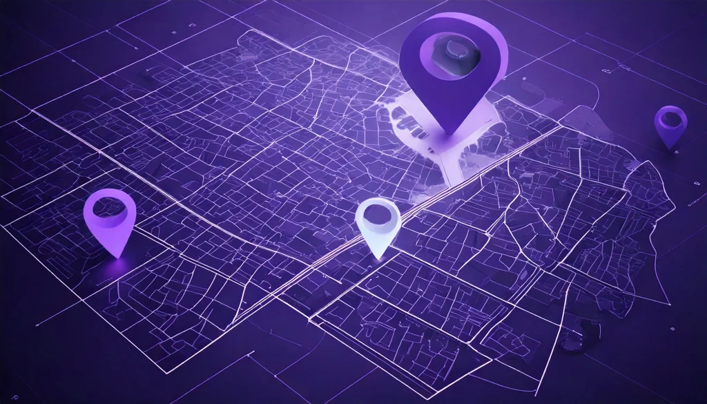 Digital map with three purple location pins.