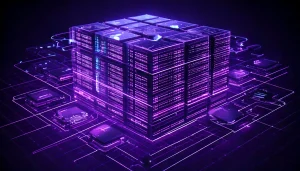 Futuristic digital cube with neon purple glow.