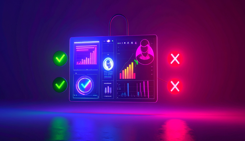 Digital dashboard with checkmarks and crosses, colorful design.