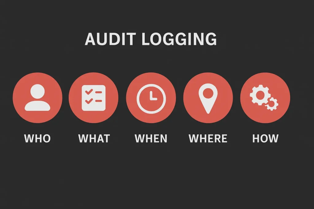 Audit logging icons: who, what, when, where, how.