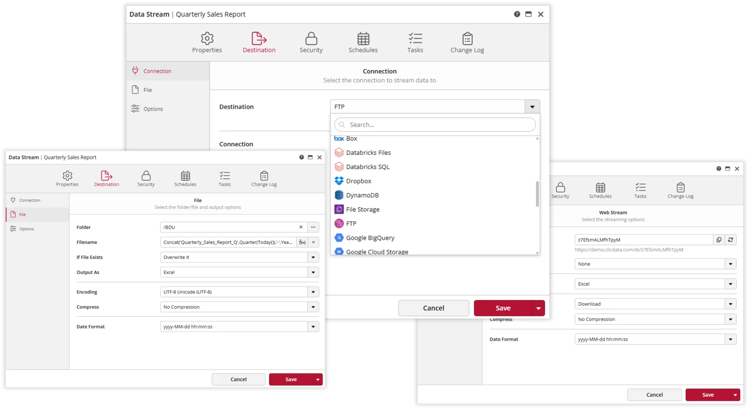 Quarterly sales report data stream connection options interface.