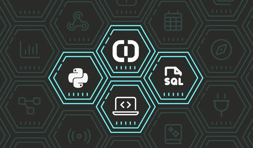 Programming icons: Python, SQL, code, integrations.